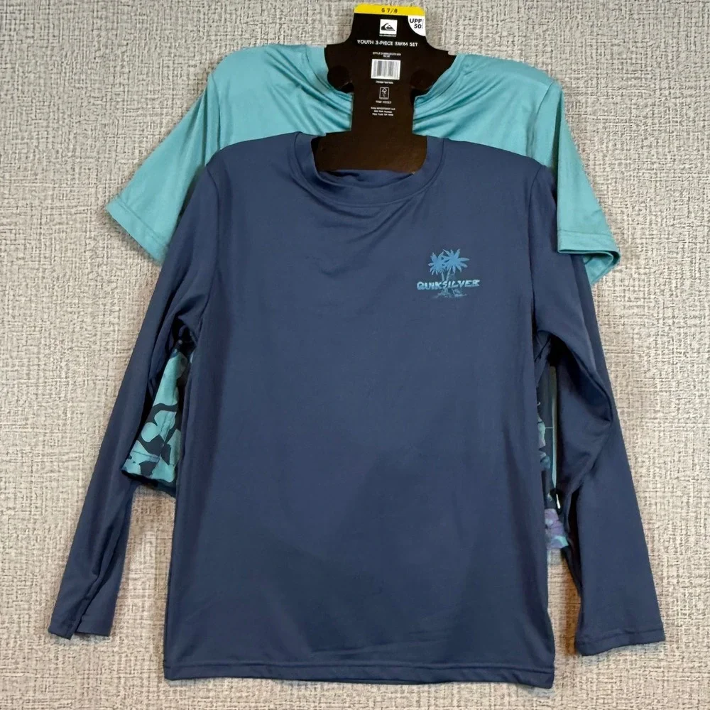 NWT Quiksilver Boys 3-Piece Swim Set‎ Rash Guards & Trunk Shorts UPF 50 Sz 7/8